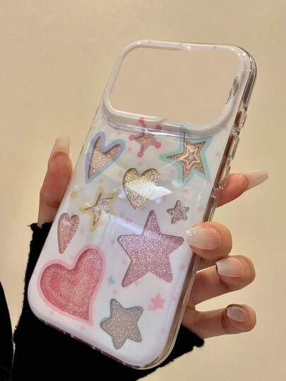 时尚别致大孔闪光彩色镂空心星手机壳适用于 12 13 14 15 16 17 Pro Max 14 15 16 Plus 11 星形图案保护套
