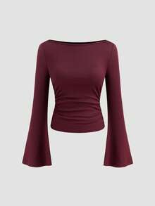 Women's Solid Color Boat Neck Flare Sleeve T-Shirt, Autumn, Fitted, Ruched, Slimming, Long Sleeve - Burgundy - View 1