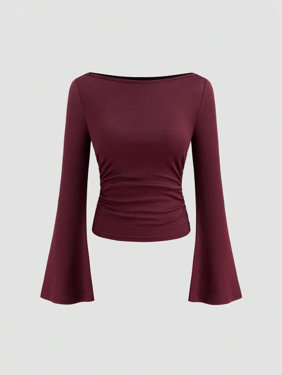 Women's Solid Color Boat Neck Flare Sleeve T-Shirt, Autumn, Fitted, Ruched, Slimming, Long Sleeve - Burgundy - View 1
