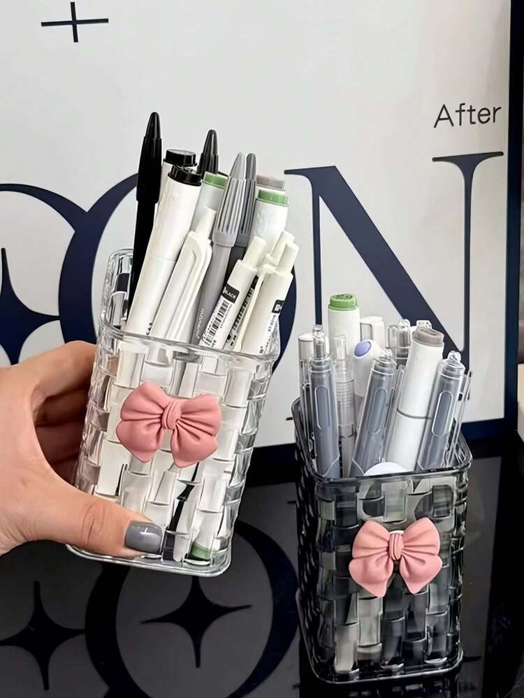 1pc/2pcs Transparent Bow Pen Holder, Student Desk Pen Holder, Desktop Storage Box With High-End Feel, Mini Desktop Trash Can, Suitable For Student Desk Organization, Stationery, Cosmetics Storage, Cute And Stylish Stationery Box, Organizer, Gift For Family, Friends, Coworkers, School Supplies, Pencil Case, Storage Items,Bag - Multicolor - View 6