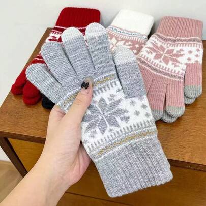 Guantes de punto con diseño de copos de nieve para mujer, guantes gruesos y resistentes al frío para exteriores, carrera y caminata con función táctil