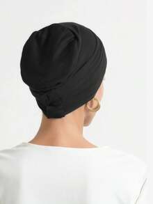 1pc Women's Classic 2-In-1 Turban Headscarf, Pleated Design, High-Stretch Jersey Fabric, Moisture-Wicking, Suitable For Muslim Daily Life And Outings For Dress - Black - View 3