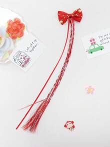 Clip de pelo con cadena de perlas doradas y lazo elegante para Navidad, clip de pelo de princesa para doble coleta, diadema con trenzas falsas con borlas, accesorio versátil para el atuendo navideño