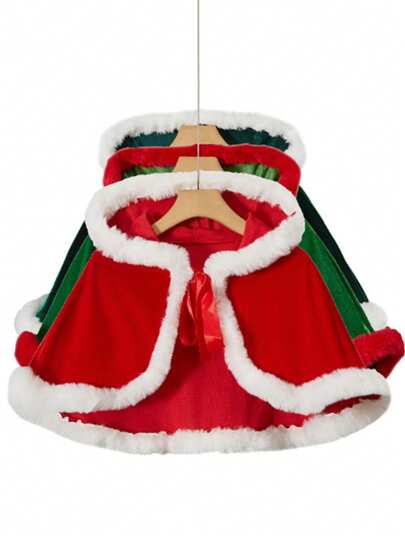 1pc Christmas Rabbit Fur Hooded Shawl, Christmas Costume, Holiday Party Hooded Cape