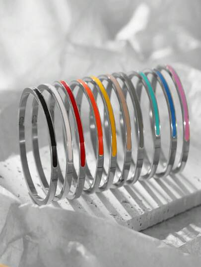 1 pieza Brazalete esmaltado colorido, brazalete minimalista romántico de acero inoxidable de 3 mm de grosor para mujer, que nunca se desvanece