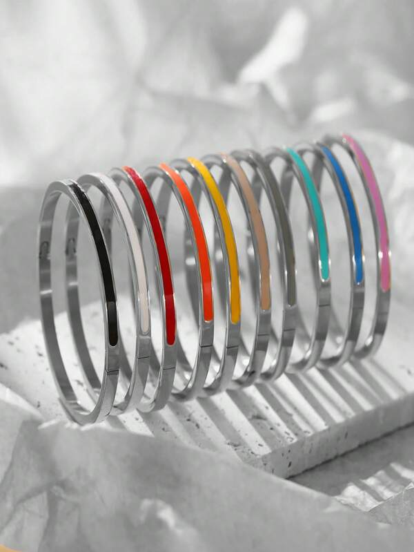 1 pieza Brazalete esmaltado colorido, brazalete minimalista romántico de acero inoxidable de 3 mm de grosor para mujer, que nunca se desvanece