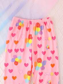 2pcs/Set Girls & Teens Casual Cartoon Heart & Flower Print Lapel Long Sleeve Cardigan And Pants Pajama Set, Flame Retardant, Suitable For Christmas & All Seasons - Pink - View 9