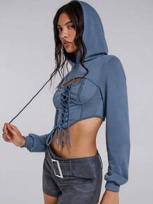 TypaGal 秋冬季现代狂野时尚新年派对复古优雅性感街头简约镂空前摆高低摆卫衣，长袖上衣 - 藏蓝色 - 查看 5