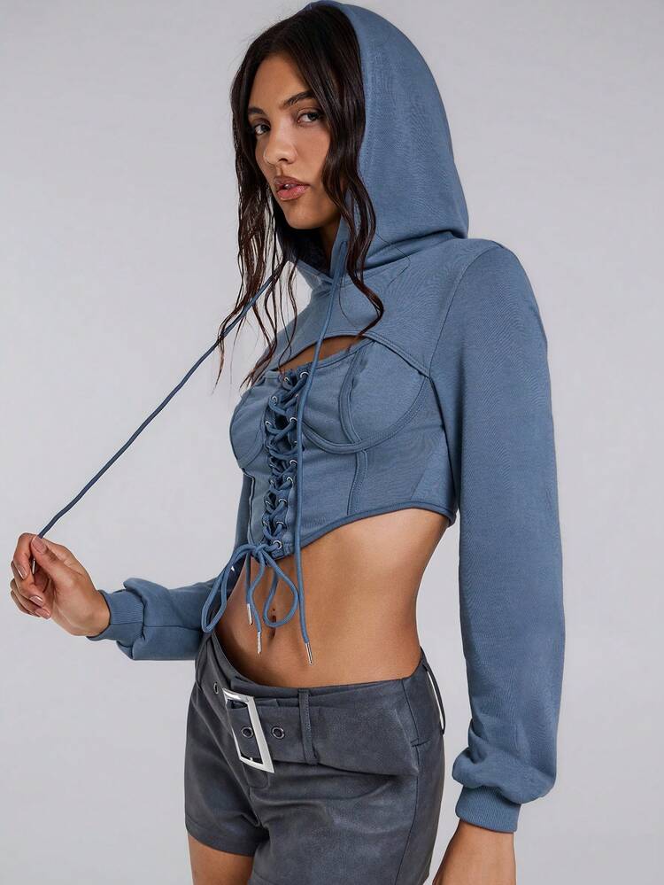 TypaGal 秋冬季现代狂野时尚新年派对复古优雅性感街头简约镂空前摆高低摆卫衣，长袖上衣 - 藏蓝色 - 查看 5