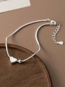 1pc Elegant Women's Jewelry, S925 Silver Dainty Ins-Style Heart & Bead Design Minimalist Snake Bone Chain Bracelet, Suitable For Daily Wear - #1 - View 7