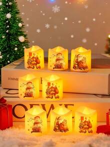 6 piezas - Velas LED sin llama tipo té de Navidad, velas LED parpadeantes, velas votivas sin llama, velas LED parpadeantes a pilas, incluye baterías, de larga duración y durables, con diseños de Papá Noel y muñeco de nieve, velas eléctricas falsas tipo té, velas LED a pilas en blanco cálido, adecuadas para decoración navideña, decoración del hogar interior, decoración de habitaciones, suministros para fiestas, bodas, mesas, decoraciones navideñas