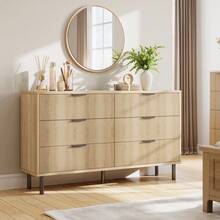 Wood Wide Double Dresser With Metal Legs And Handles, Fluted 6 Drawer Dresser, Modern Chest Of Drawers With Anti-Tipping Design For Bedroom Living Room, Hallway - 棕色 - 查看 1