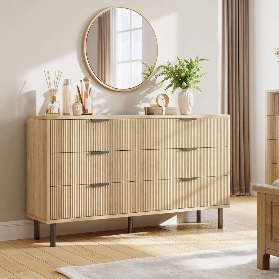 Wood Wide Double Dresser With Metal Legs And Handles, Fluted 6 Drawer Dresser, Modern Chest Of Drawers With Anti-Tipping Design For Bedroom Living Room, Hallway - 棕色 - 查看 1