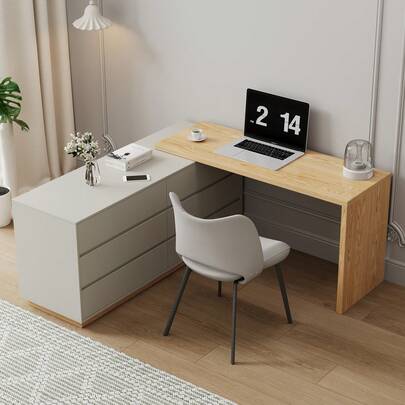 LumivoxNest Home Office Desk With Storage, 6-Drawer Unit & Extendable L-Shaped Worktop (145-240cm)