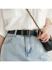 1pc Simple Elegant Waist Belt, Versatile Jeans Decoration Belt With Matte Silver Buckle, Unisex Pants Belt - Multicolor - View 2