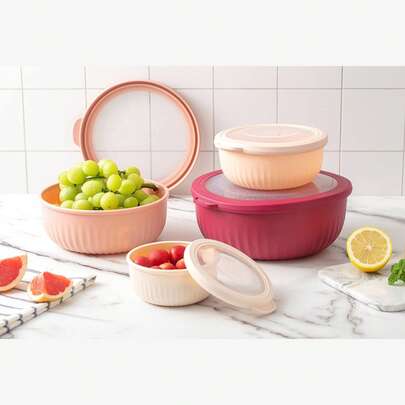 带盖备料碗 - 宽而深的嵌套式塑料小搅拌碗套装，带盖，8 件套