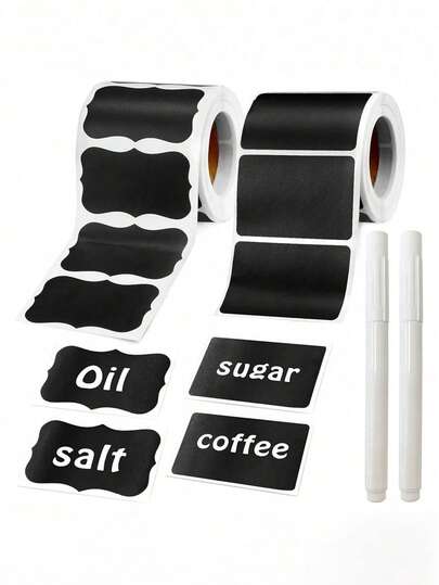 Etiquetas reutilizáveis e impermeáveis - Adesivos pretos autocolantes para recipientes de cozinha, potes de temperos e baldes de armazenamento de alimentos - Design com padrão ondulado, inclui 1 marcador de giz branco (Ideais para organizar a despensa)