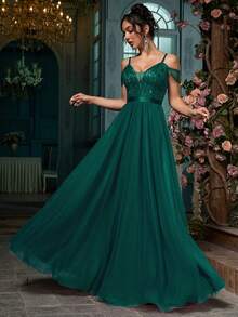 Women's Elegant Party Romantic Mesh Embroidered Evening Dress, Wedding Guest Formal Maxi Party Gown, Prom, Graduation, Wedding Reception - Dark Green - View 1
