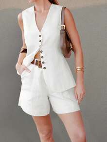 女士休闲无袖上衣短裤套装，时尚通勤背心短裤套装，春夏款