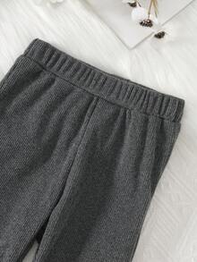 2 件套女婴休闲时尚灰色和黑色针织连帽衫上衣，蝴蝶结印花和蕾丝边开衩裤套装，春秋 - 深灰色 - 查看 10