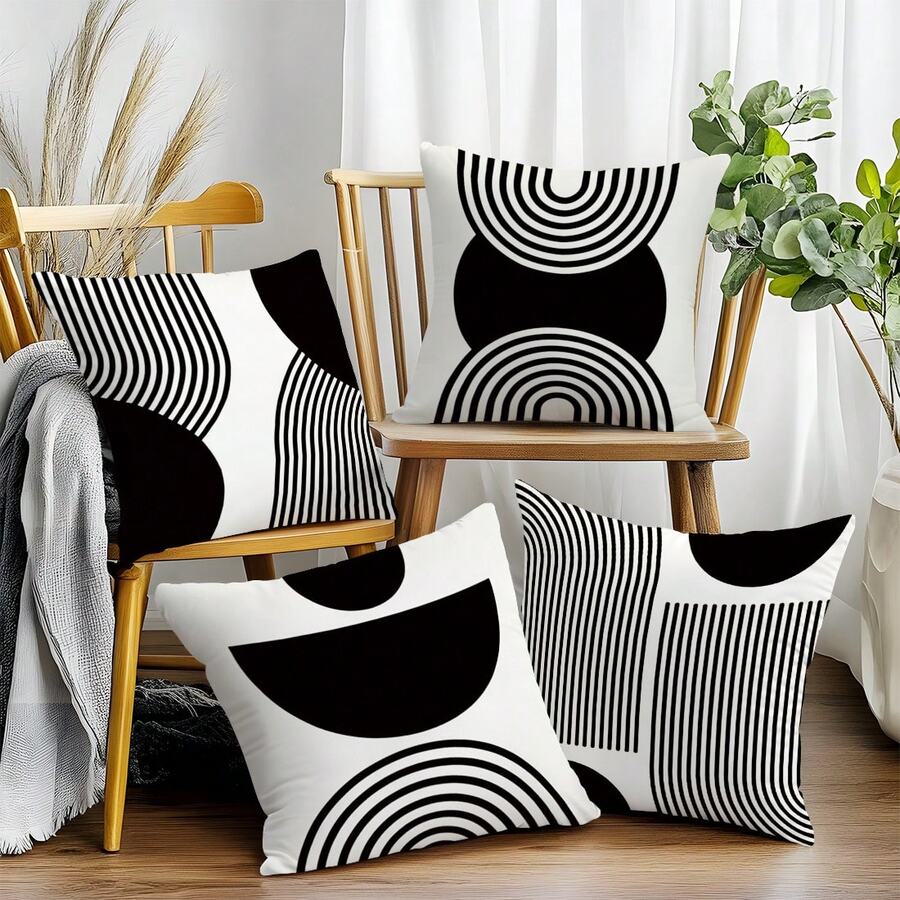 MEMNUN 4 件装黑白简约弧线几何印花抱枕套【不含枕芯】，尺寸分别为 17.7*17.7 英寸（45*45 厘米）/ 19.69*19.69 英寸（50*50 厘米）/ 15.75*15.75 英寸（40*40 厘米），【单面印花】简约现代涤纶抱枕套，适用于沙发、床、客厅、卧室、汽车、办公室、酒店装饰，是馈赠亲友的完美礼物，四季皆宜。 - 彩色 - 查看 1