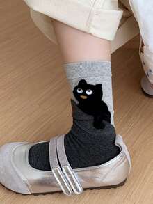 1/2 Pairs Women's Knee-High Socks, Creative Cartoon Cat Patchwork Pattern Warm Long Socks, & Versatile Short Socks, Suitable For Daily Wear - Multicolor - View 5