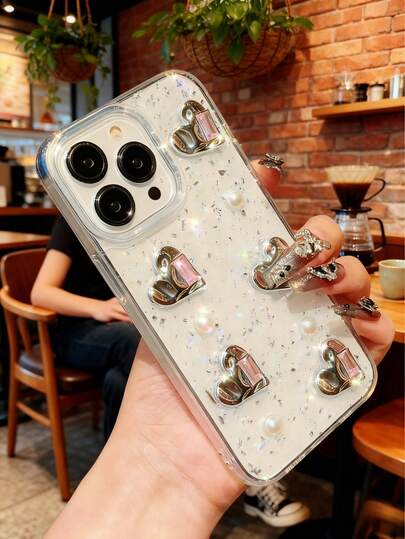 1pc Cute Silver Heart Rhinestone Transparent Minimalist Phone Case Compatible With IPhone 17, 17 Pro/17 Pro Max, 16, 15, 14, 13, 12, 11, 12 Mini, 13 Mini, Plus, Pro, Pro Max, Fashionable Y2K Glitter Bling Pearl Shockproof Phone Case, Creative Gift For Girls