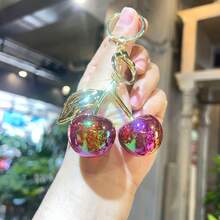 1 Piece Cherry Wallet Pendant Keychain - Red Lip Bag Charm, Purple And Green Resin Fruit, Durable Iron Parts, Suitable Car Keys, Wallet Accessories, Cute Keychain - Quả anh đào xanh trong suốt giống như thạch mạ điện - Xem 3