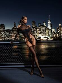 性感内衣连体衣，侧边镂空露肩上衣，无裆连体衣，少女服装，长筒袜 - 黑色 - 查看 6