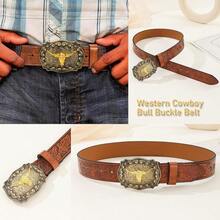 Western Cowboy-Belts For Men Big-Buckle Longhorn-Bull PU-Leather Rodeo Cowgirl-Belt Engraved Floral - Waist 25-38" - Browncarvedbull - 查看 3