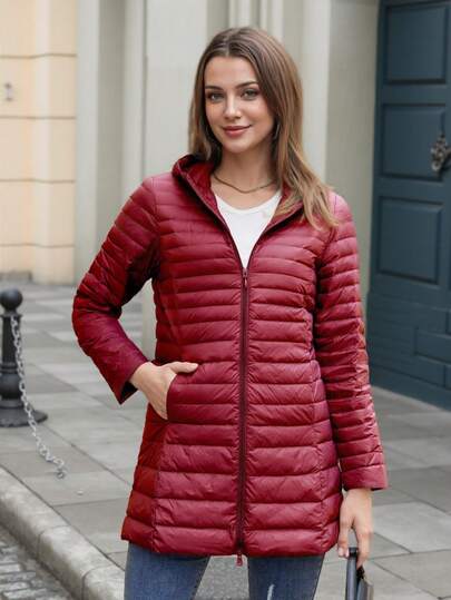 ZIAI Women Solid Color Lightweight Long Hooded Down Coat