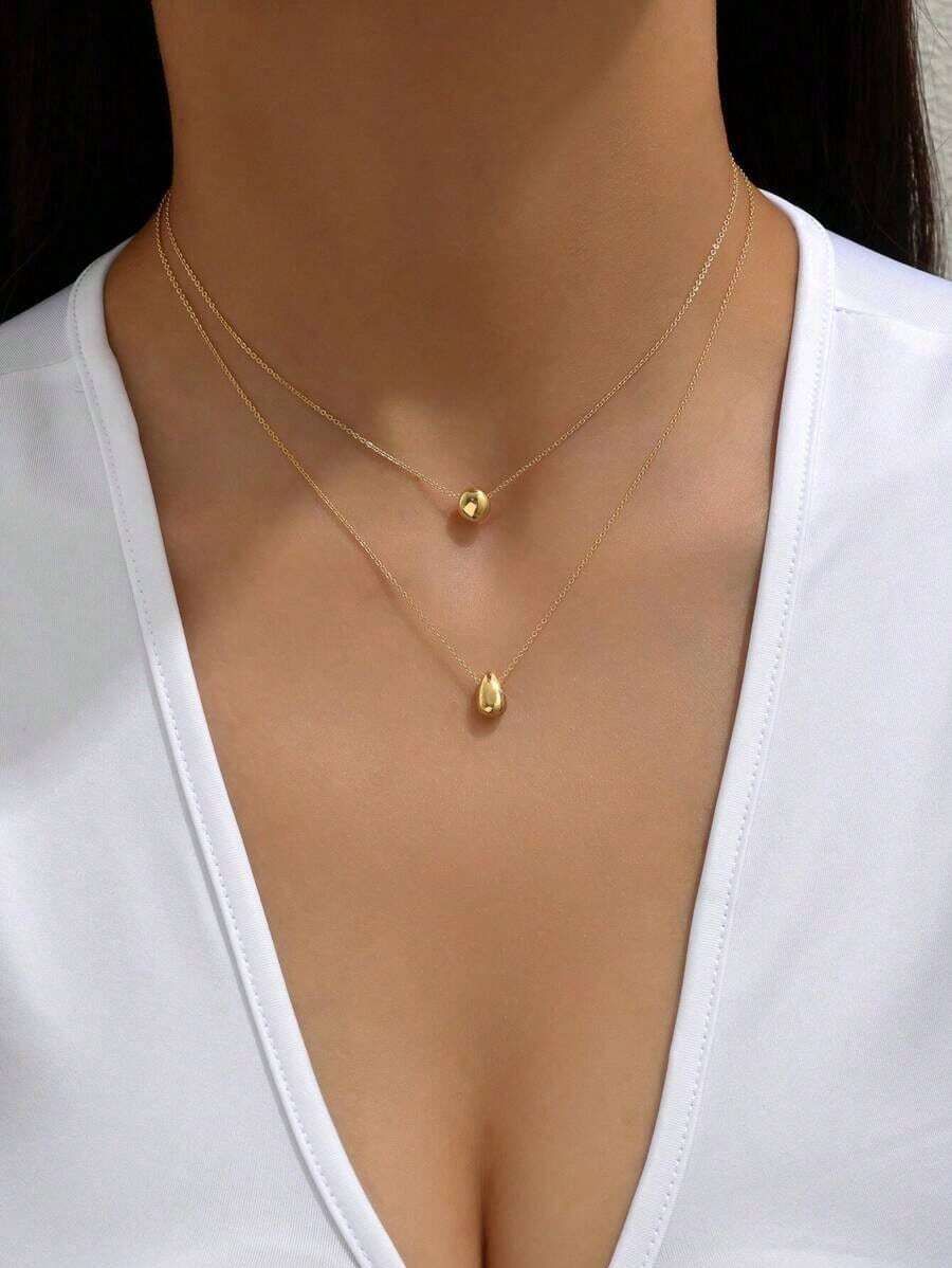 1pc Women's Simple Double-Layer Gold-Color Beaded & Teardrop Pendant Necklace,Stainless Steel Material,With Long-Lasting Color Retention,Suitable For Summer, Party, Dating Events, Gift - Vòng cổ hai lớp - Xem 1