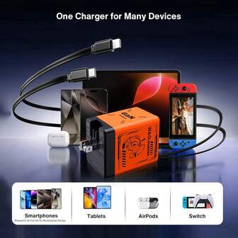 W&O Cargador de pared retráctil con cables duales, cargador USB 2 en 1, bloque de carga rápida de 40 W GaN con 2 puertos plegable compatible con iPhone 16 15 14 13 12 11, iPad, Galaxy, Pixel