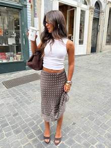 Women Satin Lace Trim Midi Skirt Polka Dot Print High Waist Long A-Line Skirts Vintage Silk Going Out Dress Y2k Streetwear Party Clubwear - Màu Khaki - Xem 2