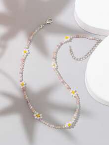 1pc Women's Sweet & Fresh Color-Blocking Beaded Flower Necklace, Suitable For Daily Wear (Bead Color Random)