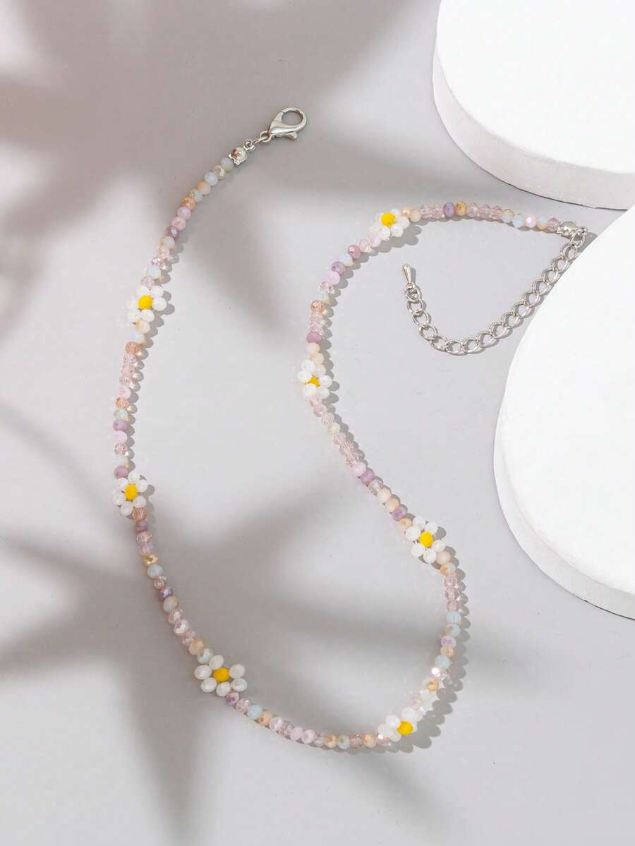 1pc Women's Sweet & Fresh Color-Blocking Beaded Flower Necklace, Suitable For Daily Wear (Bead Color Random)