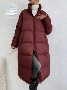 Women's Solid Color Casual Versatile Stand Collar Zip-Up Pockets Long Loose Padded Coat Coat Long Sleeve Top, Streetwear College Style Long Outerwear Coat, Women's Suitable For Cold Weather Outerwear Top, Winter Knee-Length Cotton Padded Jacket, Women's Streetwear Clothing Spring Jacket - Red - View 2