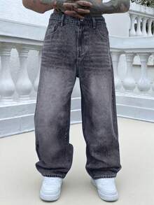 直筒棉质洗水牛仔裤，百搭宽腿洗水牛仔裤，宽松情侣款 - 火焰紅 - 查看 2