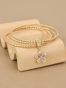 1 件可爱粉色方晶锆石 5 瓣花不锈钢手链，女士配饰，送给她、爱人、朋友、伴娘、派对的礼物（手链配件可拆卸和互换） - 粉色 - 查看 4