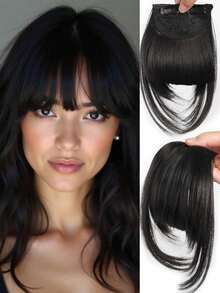 Perucă cu clips cu breton francez 1 buc, perucă sintetică densă și naturală, păr drept cu perciunii, potrivită pentru femei blonde, 15 cm, cu agrafă de păr, agrafă de păr, agrafă de păr