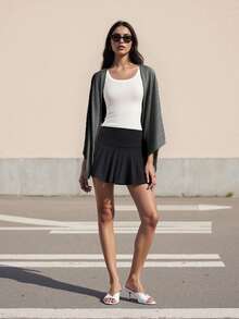 Long Sleeve Summer Knit Shrug, Breathable Lightweight Open Front Bolero, Solid Color Beach Vacation Cover Up, Minimalist Chic Shoulder Shrug - 黑色 - 查看 5