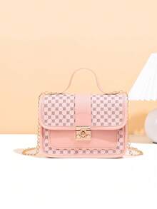 1pc Girls' Vintage Print Handbag, Cute Metal Chain Crossbody Bag, Casual Date Phone Pouch, Ideal Gift - Pink - View 6