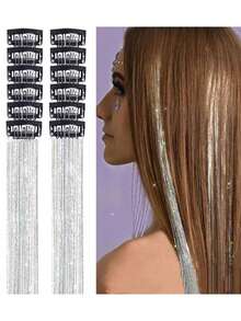 12件装闪亮发饰夹，20英寸闪光发饰接发片，夹式合成假发，发饰套装，耐热闪亮仙女发饰，适合女性和女孩日常佩戴、派对和万圣节，爪夹、发爪、发夹、发卡 - 彩色 - 查看 16