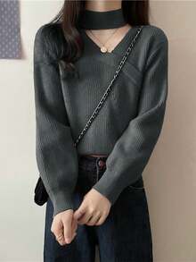 新款韩版不对称斜领灯笼袖宽松短款针织衫 - 灰色 - 查看 2