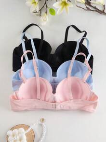 3 pezzi Reggiseni di supporto con ferretto, di colore tinta unita semplice, stile fisso comodo per le donne - Multicolore - Visualizzare 9