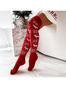 1双欧美圣诞雪花驯鹿针织过膝长袜，女士款，秋冬款 - 彩色 - 查看 6