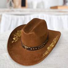 Women Men Embroidery Cowgirl Hat Wide Brim Cattle Head Belted Wool Hat Felt Jazz Cap For Party - 卡其色 - 查看 1