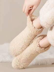 1 Pair Women's Warm Socks, Thermal Lined Mid-Calf Socks, Anti-Slip Grip Socks For Sleeping, Warm Feet In Winter