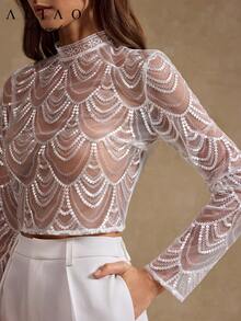 A&A 奢华刺绣亮片网纱拼接透视白色长袖上衣，优雅日常穿搭，复古风格，端庄得体，适合婚礼季、情人节、秋冬季、白色主题派对、老钱风格、宫廷风格、新年装扮，拉链上衣 - 白色 - 查看 2