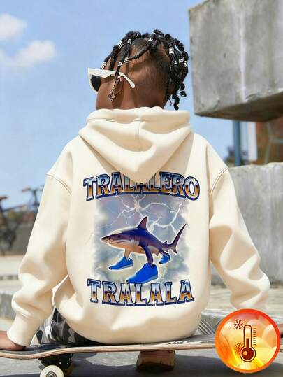 1pc Tween Boy Casual Shark & Shoes Print Pullover Hoodie Sweatshirt, Warm Thermal Lined, Interesting & Colorful Design To Inspire Kids' Imagination, Autumn/Winter
